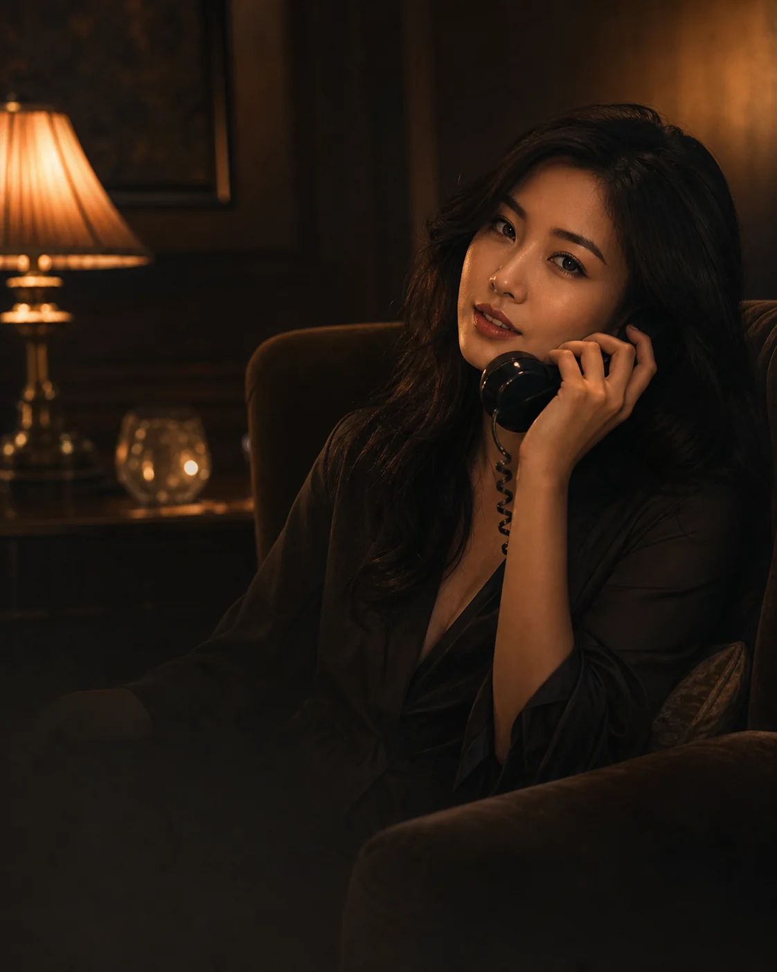 Asian woman calling phone chat line