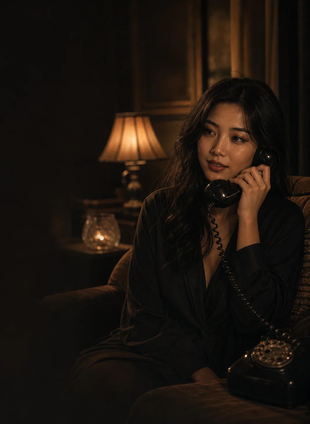 An adult Asian woman taking a private phone call in warm low light.