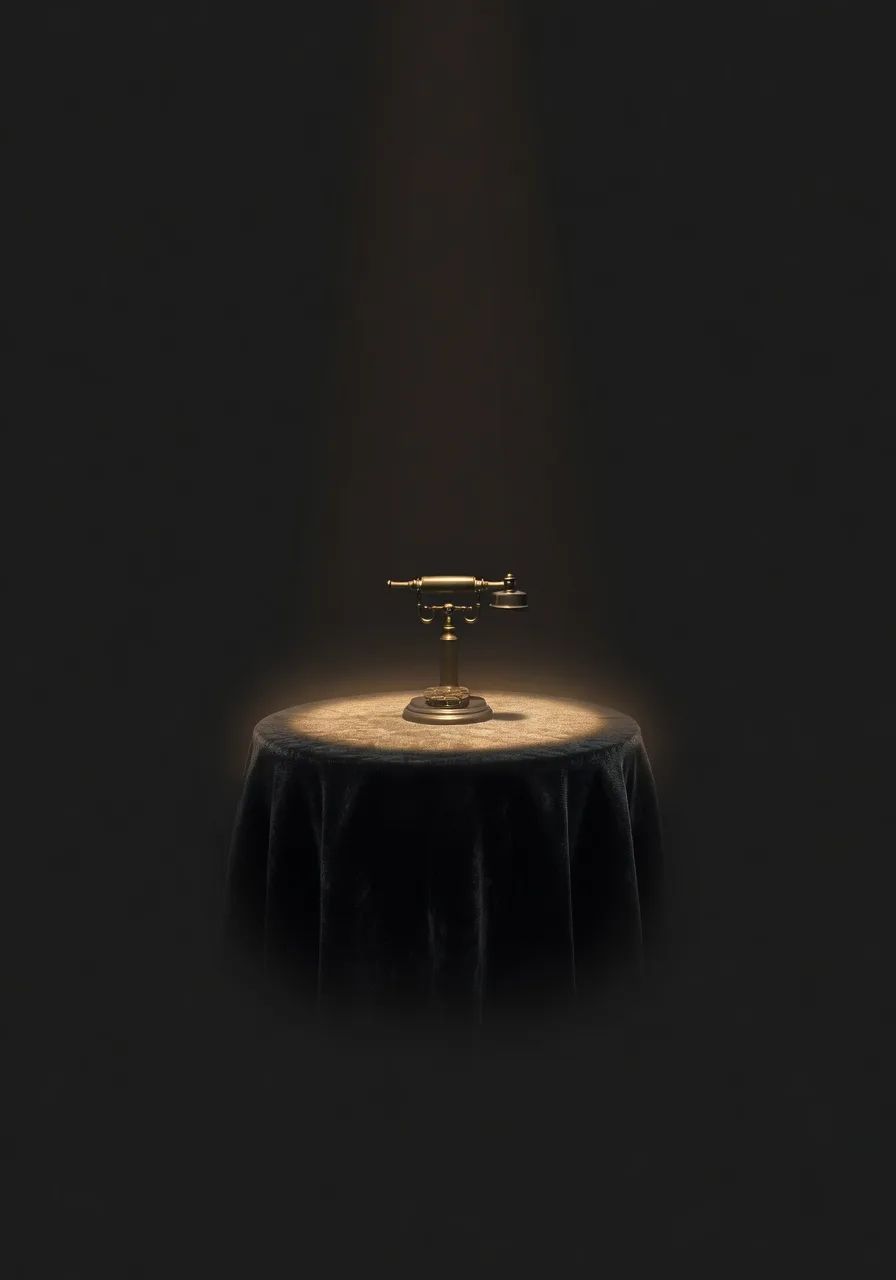 A telephone resting on a velvet table in warm low light.