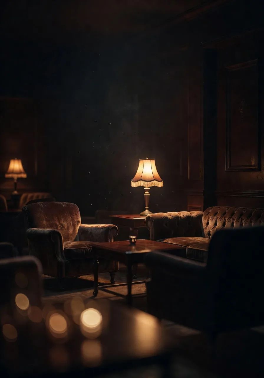A warmly lit lounge with chairs arranged for a quiet conversation.